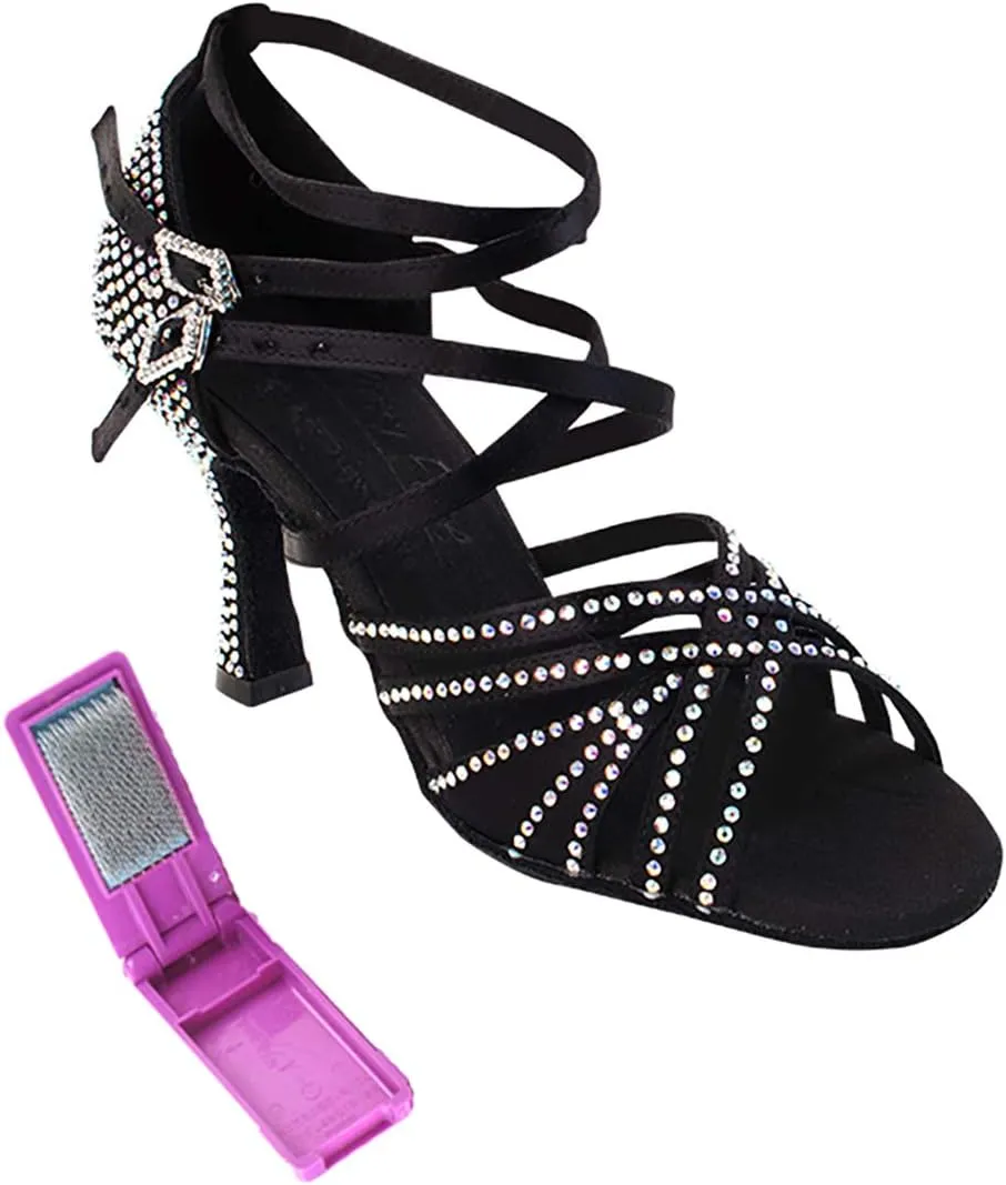 Very Fine Dance Shoes - Ladies Latin, Rhythm, Salsa, Waltz Ballroom Dance Shoes - S1006CC - 2.5-inch Heel and Foldable Brush Bundle - Black Satin - 6.5