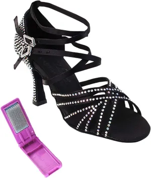 Very Fine Dance Shoes - Ladies Latin, Rhythm, Salsa, Waltz Ballroom Dance Shoes - S1006CC - 3-inch Heel and Foldable Brush Bundle - Black Satin - 7