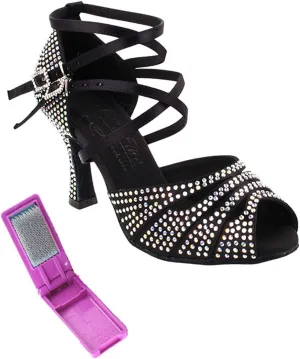 Very Fine Dance Shoes - Ladies Latin, Rhythm, Salsa, Waltz Ballroom Dance Shoes - S1007CC - 3-inch Heel and Foldable Brush Bundle - Black Satin - 8.5
