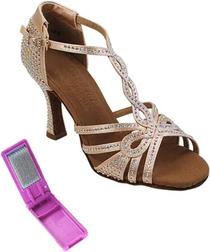 Very Fine Dance Shoes - Ladies Latin, Rhythm, Salsa, Waltz Ballroom Dance Shoes - S1008CC - 2.5-inch Heel and Foldable Brush Bundle - Flesh Satin - 6.5