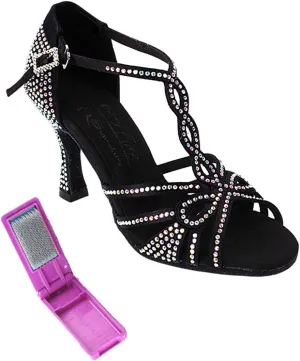 Very Fine Dance Shoes - Ladies Latin, Rhythm, Salsa, Waltz Ballroom Dance Shoes - S1008CC - 3-inch Heel and Foldable Brush Bundle - Black Satin - 10