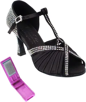 Very Fine Dance Shoes - Ladies Latin, Rhythm, Salsa, Waltz Ballroom Dance Shoes - S1010CC - 2.5-inch Heel and Foldable Brush Bundle - Black Satin - 9