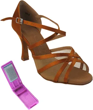 Very Fine Dance Shoes - Ladies Latin, Rhythm, Salsa, Waltz Ballroom Dance Shoes - SERA1605-3-inch Heel and Foldable Brush Bundle - Dark Tan Satin - Flesh Mesh - 6