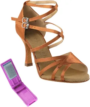 Very Fine Dance Shoes - Ladies Latin, Rhythm, Salsa, Waltz Ballroom Dance Shoes - SERA1662B - 3-inch Heel and Foldable Brush Bundle - Dark Tan Satin - 9