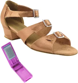 Very Fine Dance Shoes - Ladies Practice, Cuban Low Heel Ballroom Dance Shoes - 1679-1.5-inch Heel and Foldable Brush Bundle - Brown Satin - 5