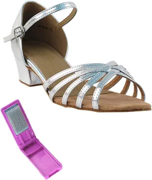 Very Fine Dance Shoes - Ladies Practice, Cuban Low Heel Ballroom Dance Shoes - 802-1.5-inch Heel and Foldable Brush Bundle - Silver Leather - 8.5
