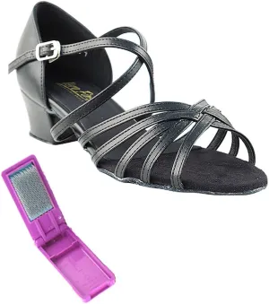 Very Fine Dance Shoes - Ladies Practice, Cuban Low Heel, Waltz Ballroom Dance Shoes - 1670C - 1.5-inch Heel and Foldable Brush Bundle - Black Leather - 5