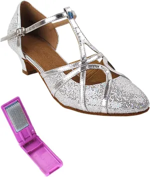 Very Fine Dance Shoes - Ladies Practice, Cuban Low Heel, Waltz Ballroom Dance Shoes - SERA3541-1.2-inch Heel and Foldable Brush Bundle - Silver Scale - Silver Trim - 7.5