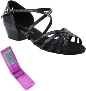 Very Fine Dance Shoes - Ladies Practice, Cuban Low Heel, Waltz, Wedding Dance Shoes - 1670FT - 1-inch Heel and Foldable Brush Bundle - Black PU - 9.5