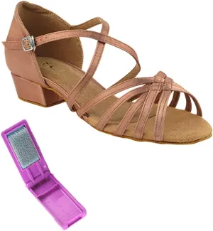 Very Fine Dance Shoes - Ladies Practice, Cuban Low Heel, Waltz, Wedding Dance Shoes - 1670FT - 1-inch Heel and Foldable Brush Bundle - Tan Satin - 7