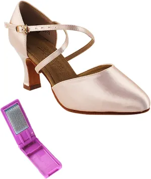 Very Fine Dance Shoes - Ladies Standard, Smooth, Waltz Ballroom Dance Shoes - C9691-2.5-inch Heel and Foldable Brush Bundle - Flesh Satin - 7