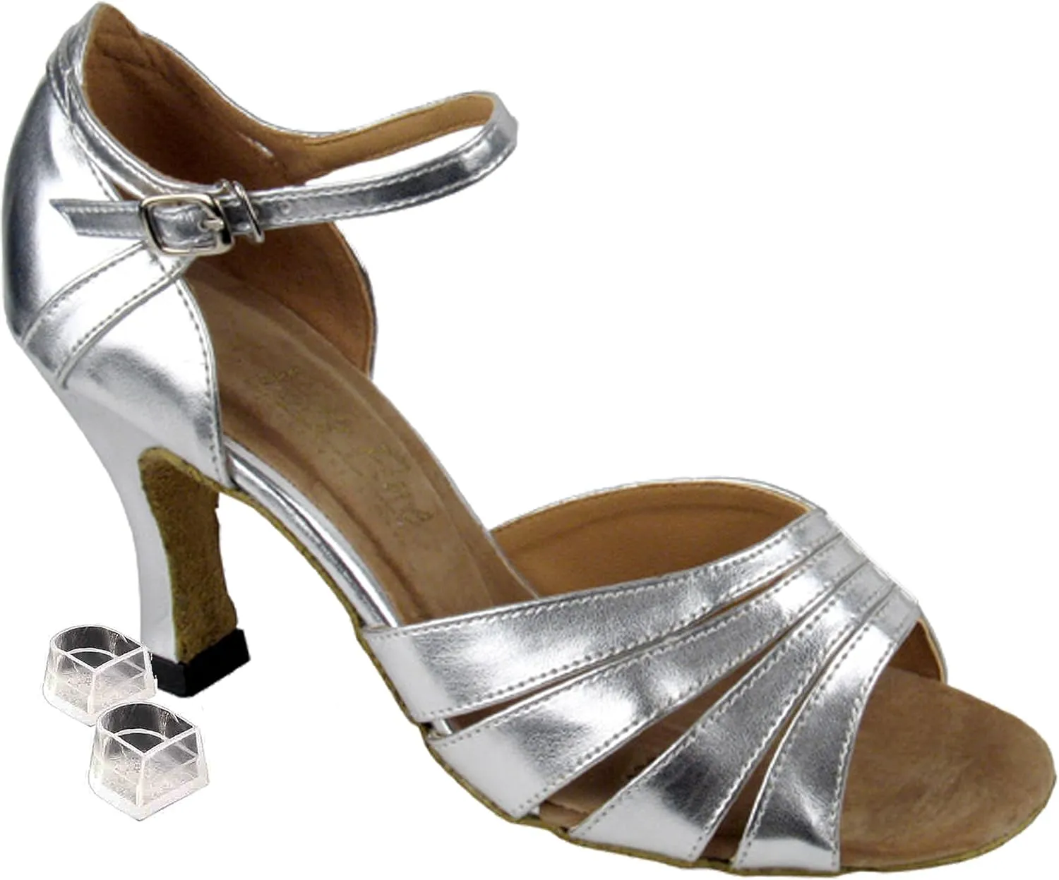 Very Fine Dance Shoes Women's Salsa Ballroom Tango Latin Dance Shoes Style 1680 Bundle with Plastic Dance Shoe Heel Protectors, Silver Leather 4.5 M US Heel 2.5 Inch