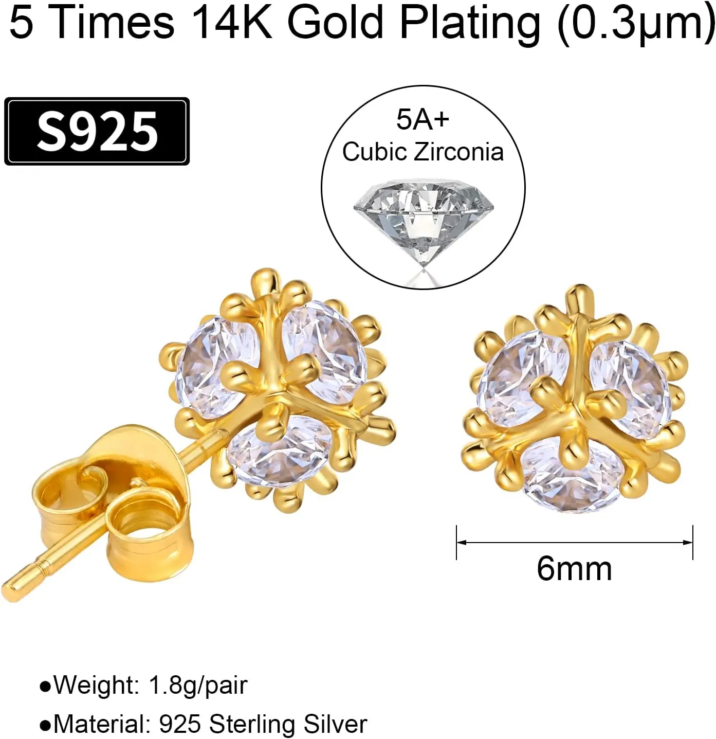 VEXXS S925 Diamond Stud Earrings for Men Women, 14K Real Gold Plated Iced Out Earrings 5A CZ Stones 925 Sterling Silver Studs Hypoallergenic Earrings