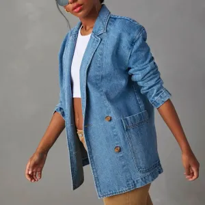 Vintage Blue Denim Jacket Turn-down Collar Solid Color Jackets Coat
