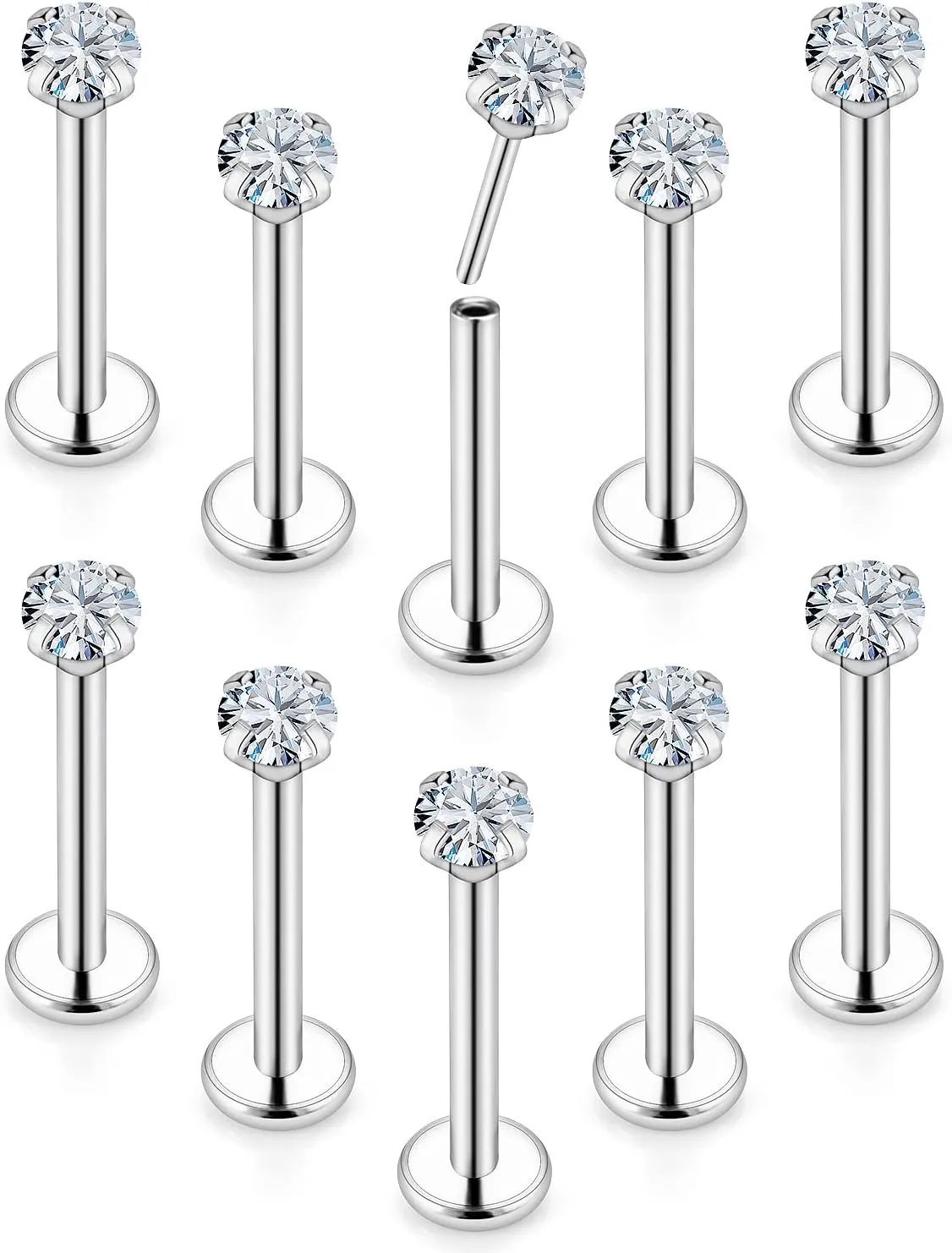 Vsnnsns 16G 18G 20G Threadless Push in Lip Rings Stainless Steel Flat Back Nose Rings Studs Earrings Tragus Helix Conch Cartilage Lobe Earrings Stud Piercing Jewelry for Women Men Diamond CZ Silver
