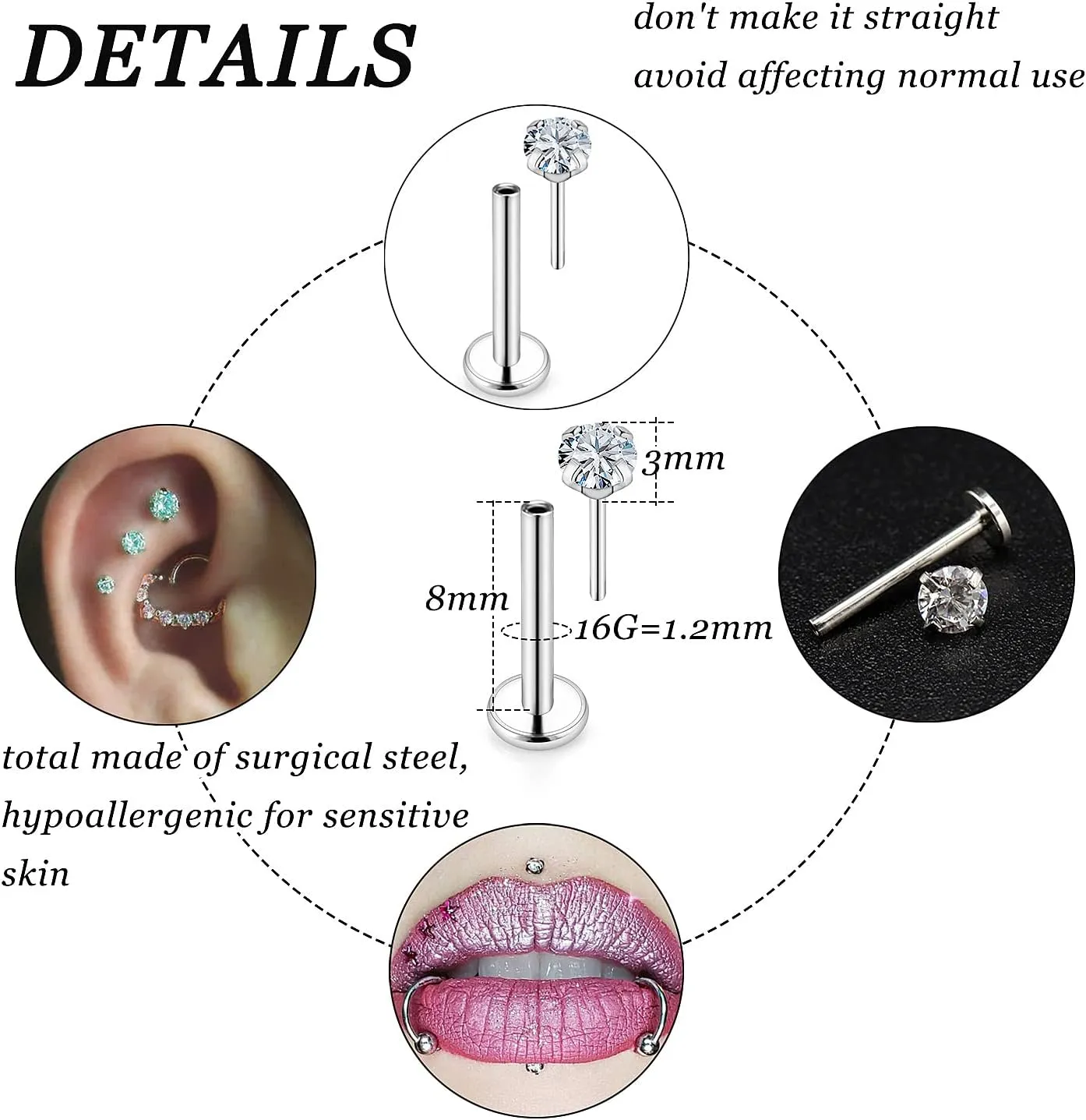 Vsnnsns 16G 18G 20G Threadless Push in Lip Rings Stainless Steel Flat Back Nose Rings Studs Earrings Tragus Helix Conch Cartilage Lobe Earrings Stud Piercing Jewelry for Women Men Diamond CZ Silver