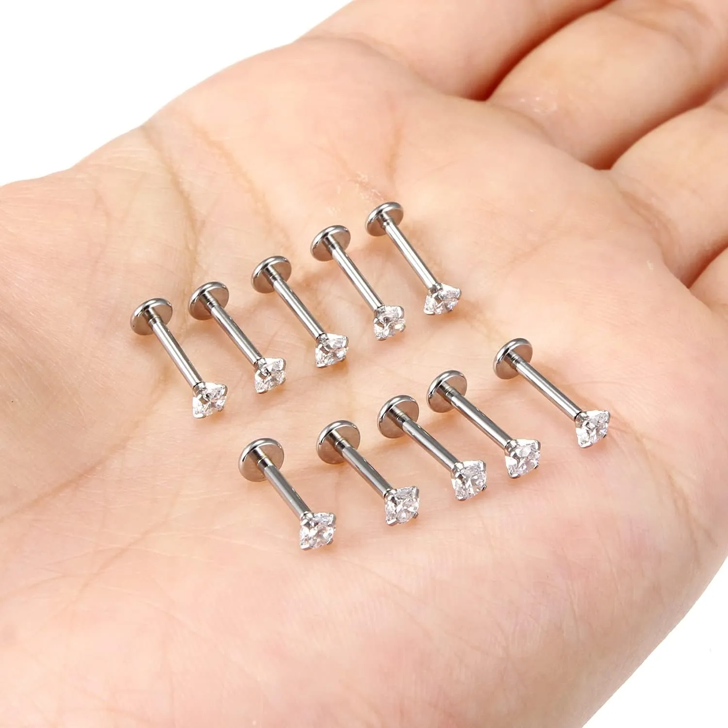 Vsnnsns 16G 18G 20G Threadless Push in Lip Rings Stainless Steel Flat Back Nose Rings Studs Earrings Tragus Helix Conch Cartilage Lobe Earrings Stud Piercing Jewelry for Women Men Diamond CZ Silver