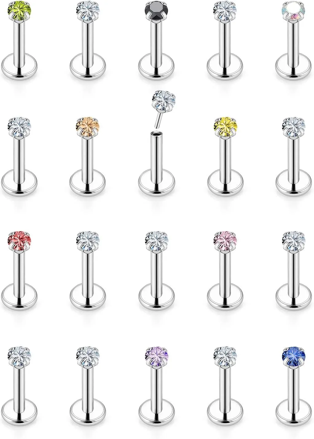 Vsnnsns 16G 18G 20G Threadless Push in Lip Rings Stainless Steel Flat Back Nose Rings Studs Tragus Helix Conch Cartilage Lobe Earrings Stud Piercing Jewelry for Women Men Diamond CZ Silver 20PCS