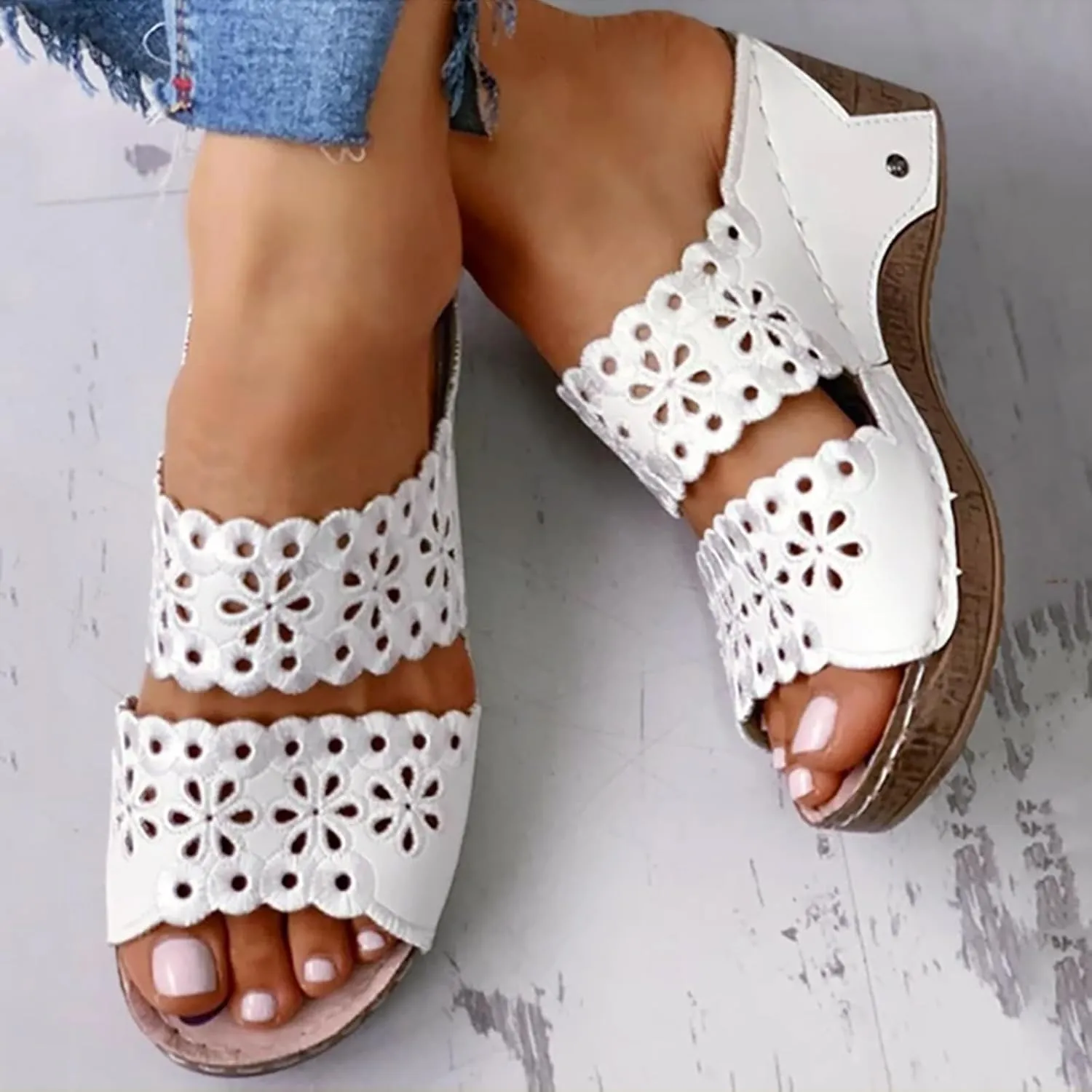 Wedge Sandals for Women Summer Orthopedic Sandals Comfortable Slip on Platform Slippers, Fish Mouth Open Toe Sandal Hollow Out Flower Platform Shoes Beach Outdoor Walking Slippers