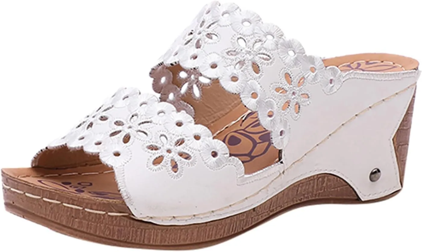 Wedge Sandals for Women Summer Orthopedic Sandals Comfortable Slip on Platform Slippers, Fish Mouth Open Toe Sandal Hollow Out Flower Platform Shoes Beach Outdoor Walking Slippers