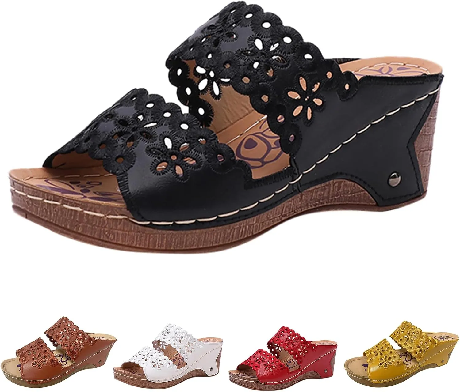 Wedge Sandals for Women Summer Orthopedic Sandals Comfortable Slip on Platform Slippers, Fish Mouth Open Toe Sandal Hollow Out Flower Platform Shoes Beach Outdoor Walking Slippers