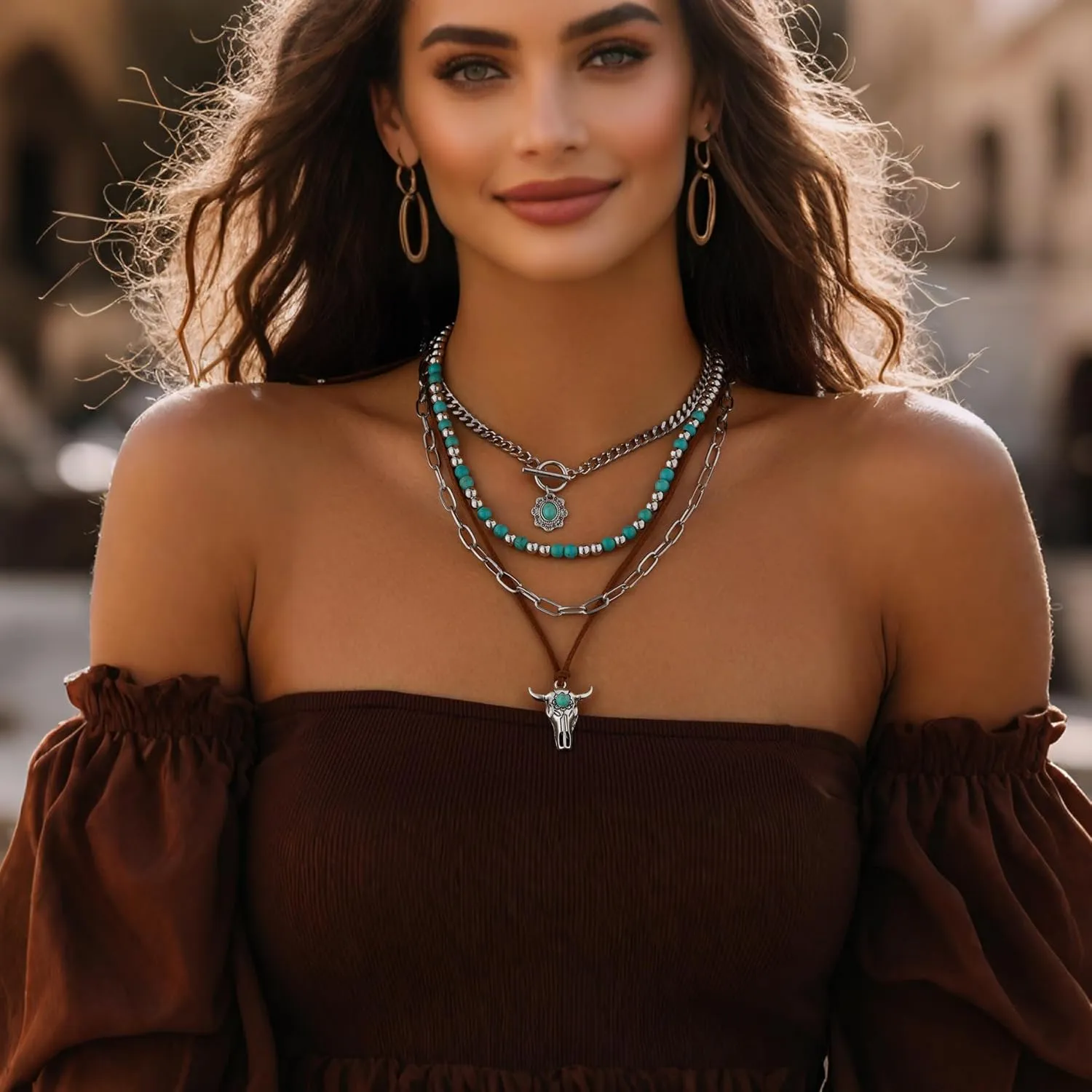 Western Necklaces Boho Layered Charm Necklace for Women Turquoise Beaded Choker Ox-head Pendant Necklace Western Jewelry for Women Cowgirl Accessories