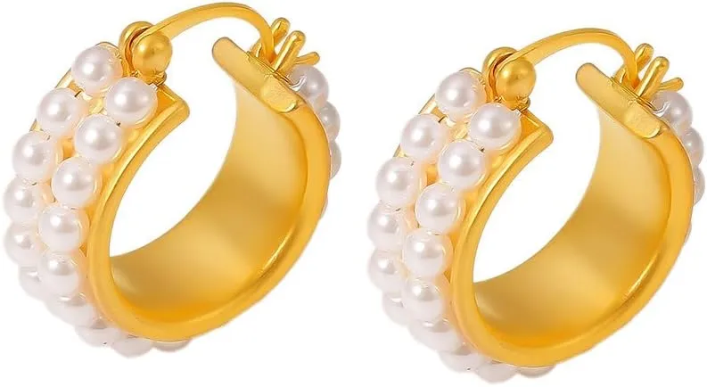 White Beads Hoop Earrings for Women 14K Gold Plated 20mm Beaded Chunky Huggie Hoops Earrings Dainty Wedding Bride Ear Jewelry