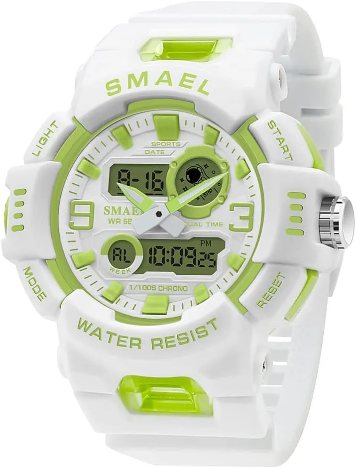White Pu Band Girls' Watch Analog Digital Dual Display Wristwatch Fashion Women Sport Watches 50M Water Resistant Stopwatch (White Green)