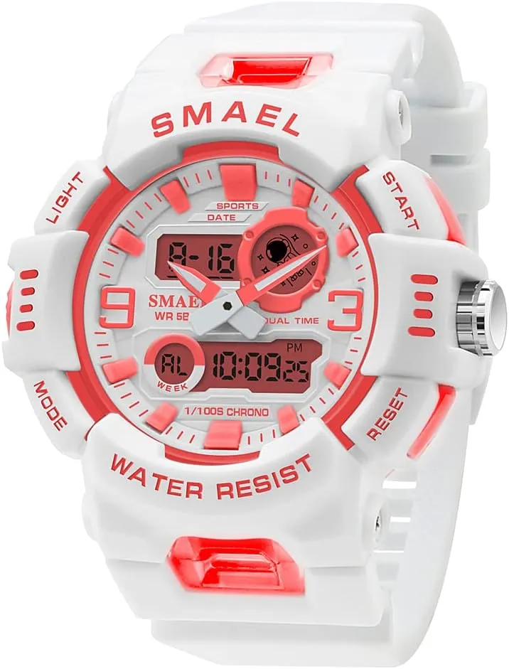 White Pu Band Girls' Watch Analog Digital Dual Display Wristwatch Fashion Women Sport Watches 50M Water Resistant Stopwatch (White Red)