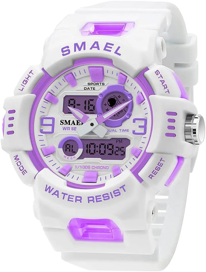 White Pu Band Girls' Watch Analog Digital Dual Display Wristwatch Fashion Women Sport Watches 50M Water Resistant Stopwatch(White Purple)