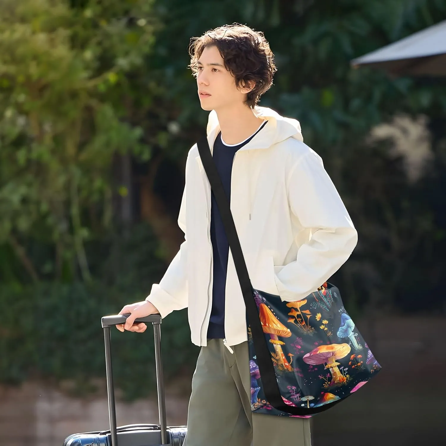 White Tulips Leather Bag with Shoulder Strap, Mens Leather Shoulder Bag, Leather Crossbody Shoulder Bag