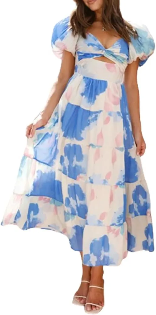 Women 2024 Summer Flowy Dresses Puff Sleeve Sweetheart Neck Twist Knot Front Floral Maxi Dress Beach Wedding Guest Sundress
