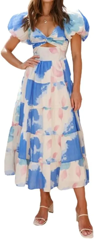 Women 2024 Summer Flowy Dresses Puff Sleeve Sweetheart Neck Twist Knot Front Floral Maxi Dress Beach Wedding Guest Sundress