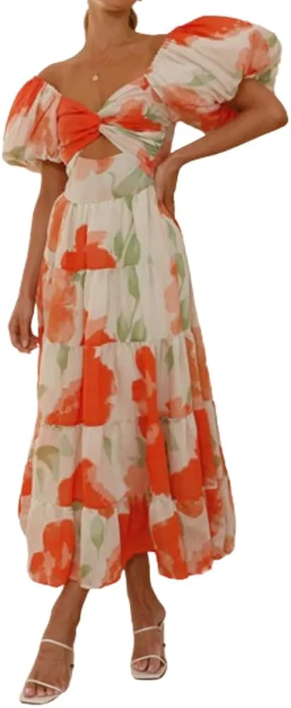 Women 2024 Summer Flowy Dresses Puff Sleeve Sweetheart Neck Twist Knot Front Floral Maxi Dress Beach Wedding Guest Sundress