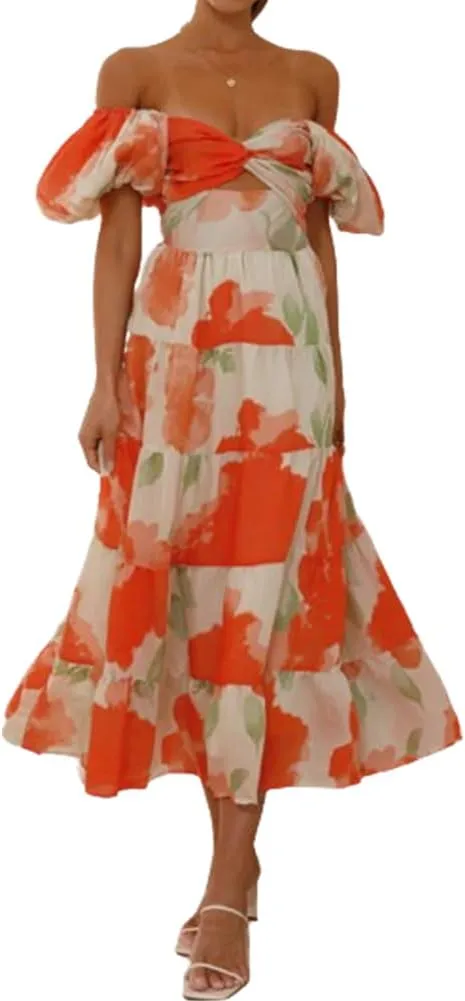 Women 2024 Summer Flowy Dresses Puff Sleeve Sweetheart Neck Twist Knot Front Floral Maxi Dress Beach Wedding Guest Sundress