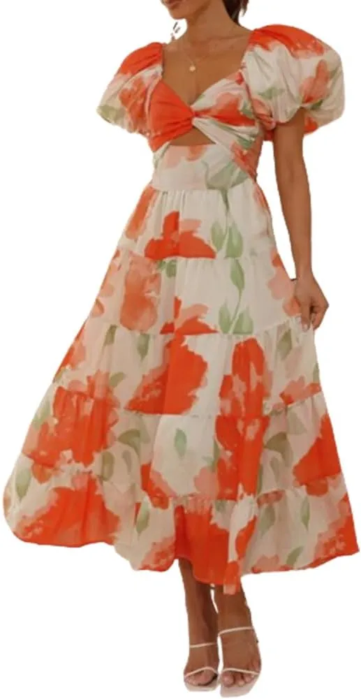 Women 2024 Summer Flowy Dresses Puff Sleeve Sweetheart Neck Twist Knot Front Floral Maxi Dress Beach Wedding Guest Sundress