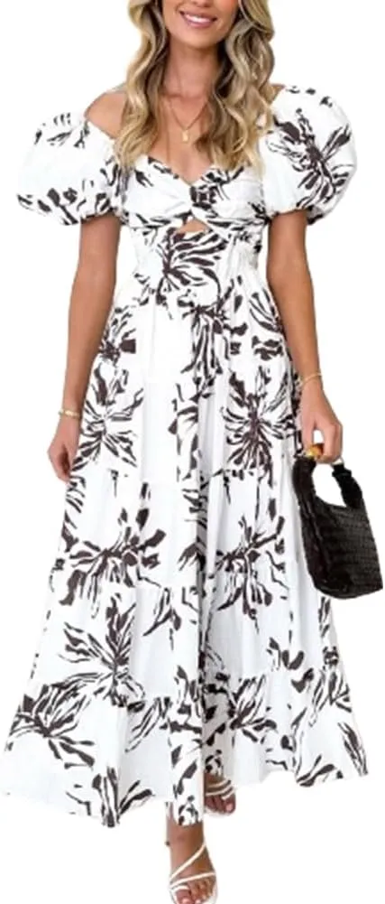 Women 2024 Summer Flowy Dresses Puff Sleeve Sweetheart Neck Twist Knot Front Floral Maxi Dress Beach Wedding Guest Sundress