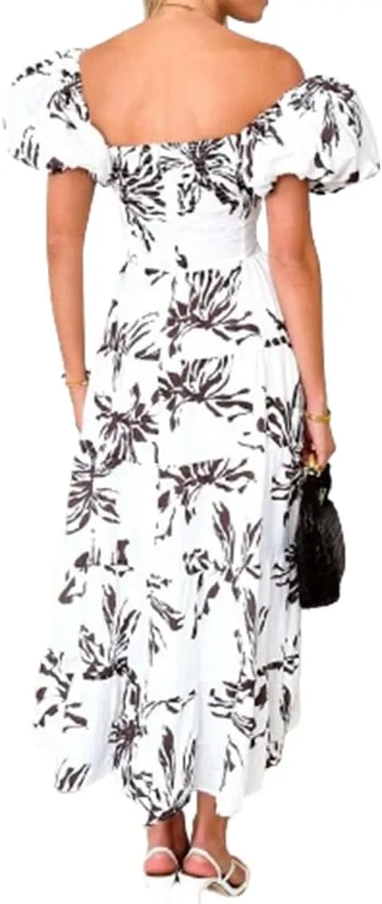 Women 2024 Summer Flowy Dresses Puff Sleeve Sweetheart Neck Twist Knot Front Floral Maxi Dress Beach Wedding Guest Sundress