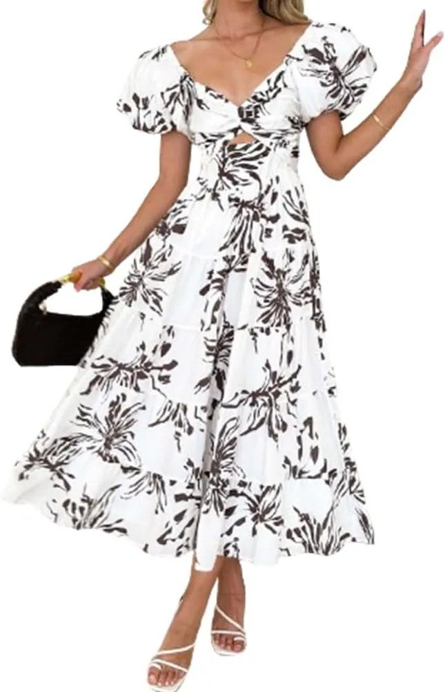 Women 2024 Summer Flowy Dresses Puff Sleeve Sweetheart Neck Twist Knot Front Floral Maxi Dress Beach Wedding Guest Sundress