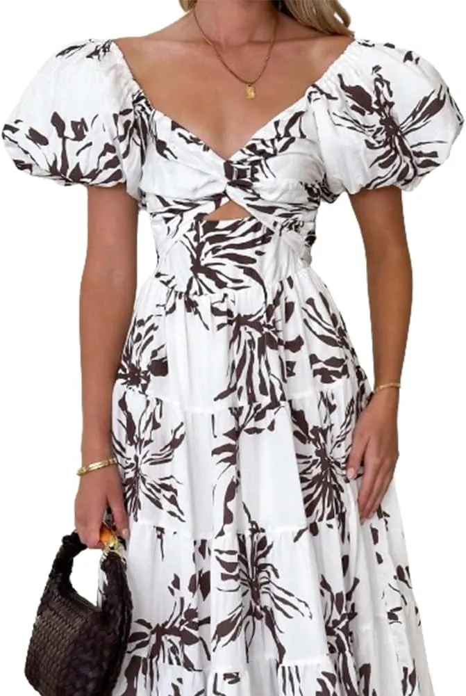 Women 2024 Summer Flowy Dresses Puff Sleeve Sweetheart Neck Twist Knot Front Floral Maxi Dress Beach Wedding Guest Sundress
