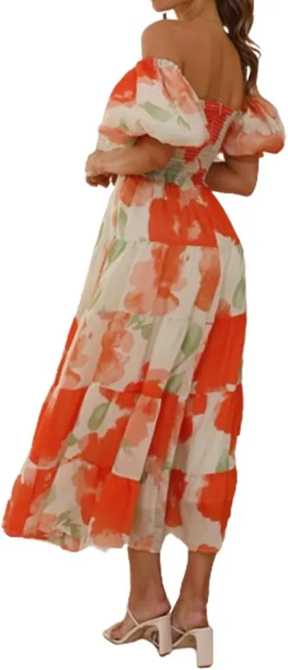 Women 2024 Summer Flowy Dresses Puff Sleeve Sweetheart Neck Twist Knot Front Floral Maxi Dress Beach Wedding Guest Sundress