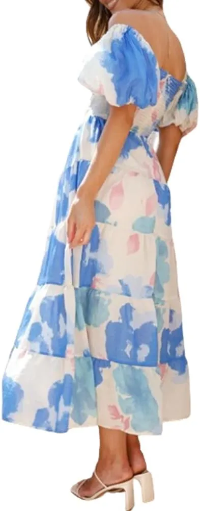 Women 2024 Summer Flowy Dresses Puff Sleeve Sweetheart Neck Twist Knot Front Floral Maxi Dress Beach Wedding Guest Sundress