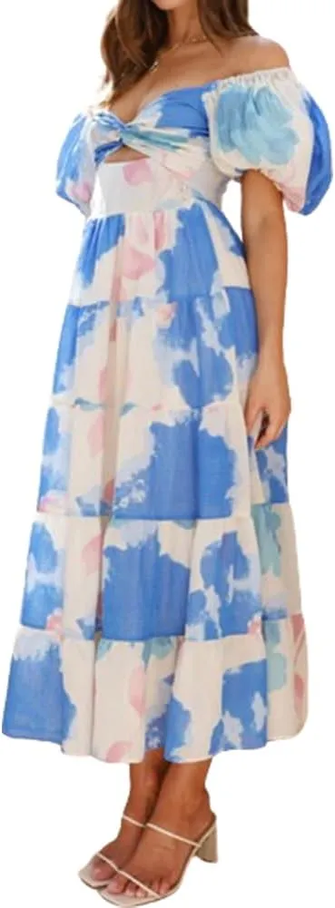 Women 2024 Summer Flowy Dresses Puff Sleeve Sweetheart Neck Twist Knot Front Floral Maxi Dress Beach Wedding Guest Sundress