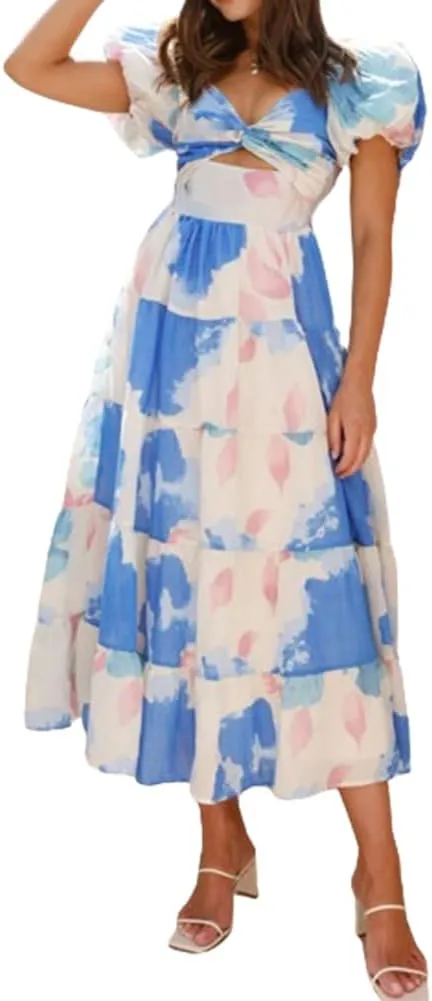 Women 2024 Summer Flowy Dresses Puff Sleeve Sweetheart Neck Twist Knot Front Floral Maxi Dress Beach Wedding Guest Sundress