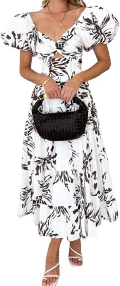 Women 2024 Summer Flowy Dresses Puff Sleeve Sweetheart Neck Twist Knot Front Floral Maxi Dress Beach Wedding Guest Sundress
