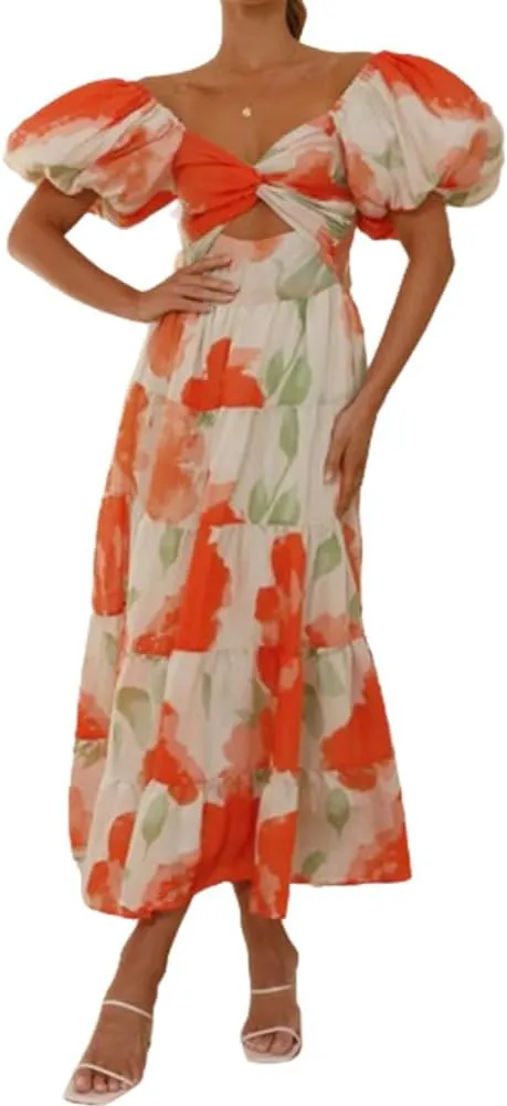 Women 2024 Summer Flowy Dresses Puff Sleeve Sweetheart Neck Twist Knot Front Floral Maxi Dress Beach Wedding Guest Sundress
