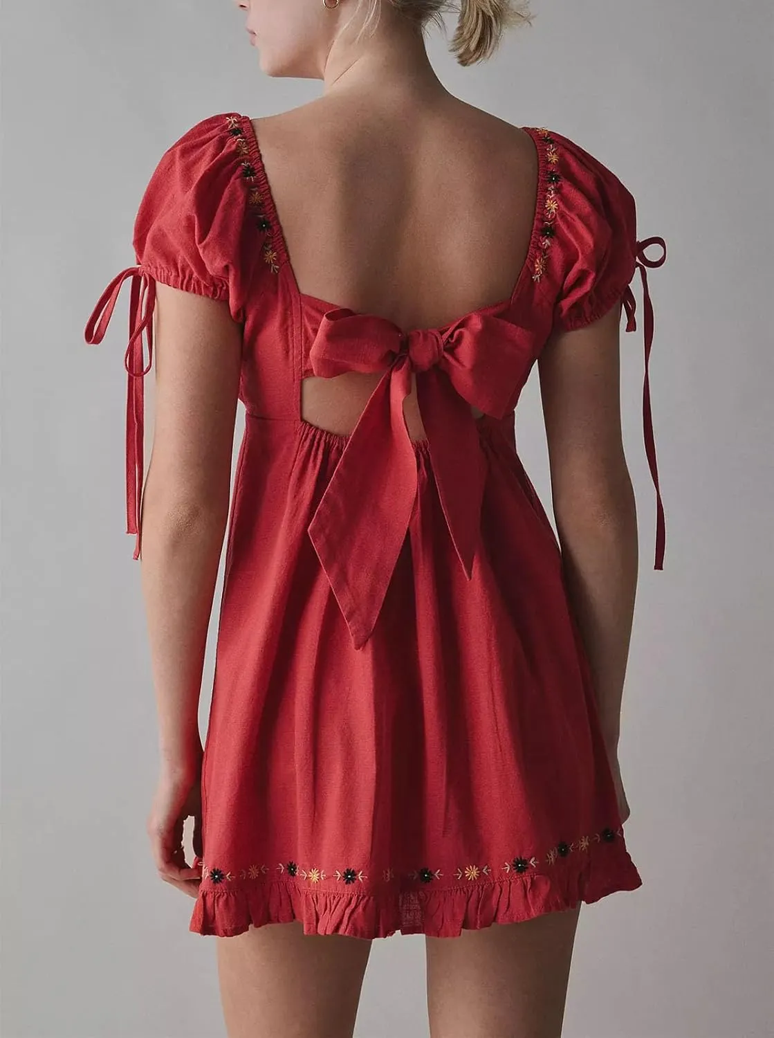 Women Boho Mini Dress Aesthetic Floral Embroidery Puff Short Sleeve Square Neck Short Dress Beach Vacation Clothes