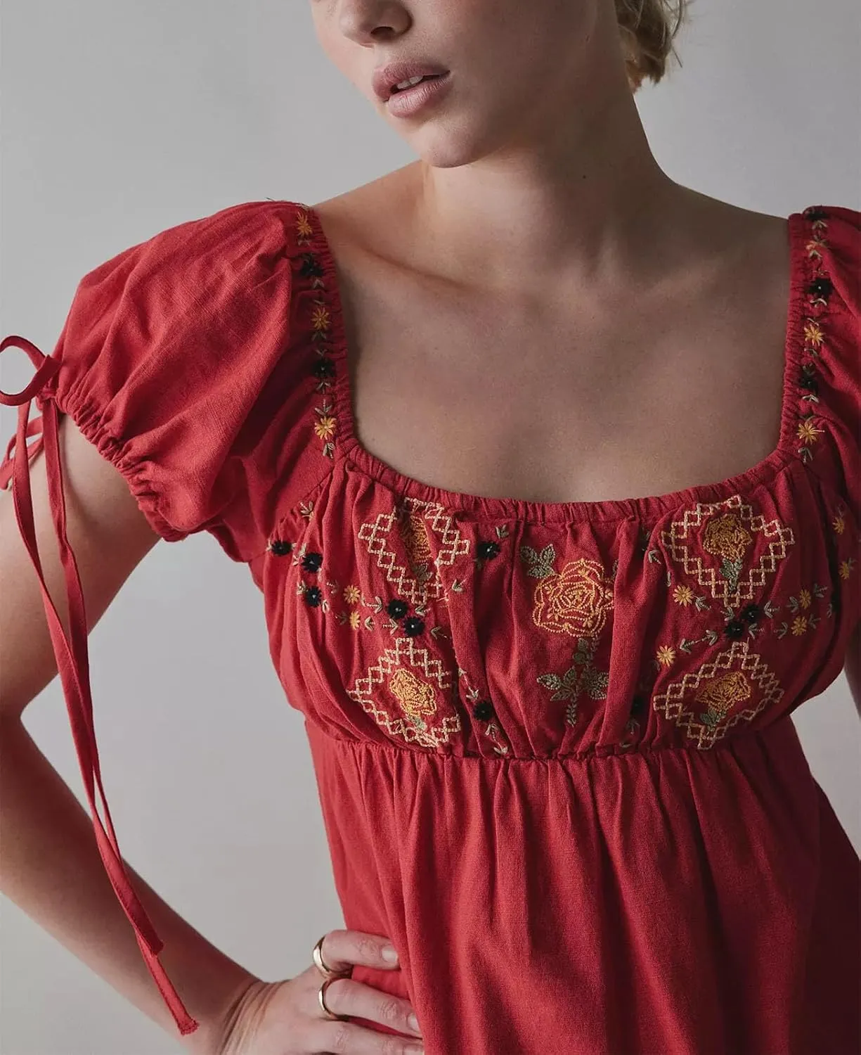 Women Boho Mini Dress Aesthetic Floral Embroidery Puff Short Sleeve Square Neck Short Dress Beach Vacation Clothes
