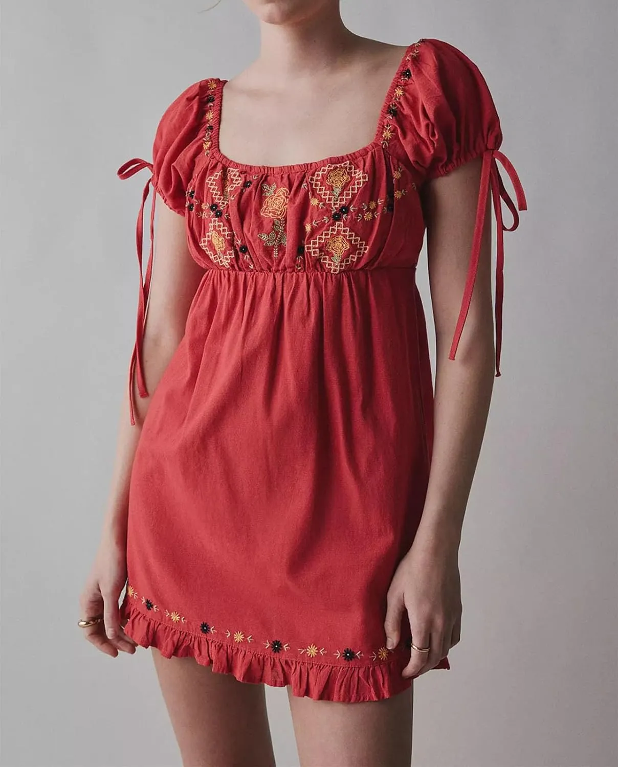 Women Boho Mini Dress Aesthetic Floral Embroidery Puff Short Sleeve Square Neck Short Dress Beach Vacation Clothes
