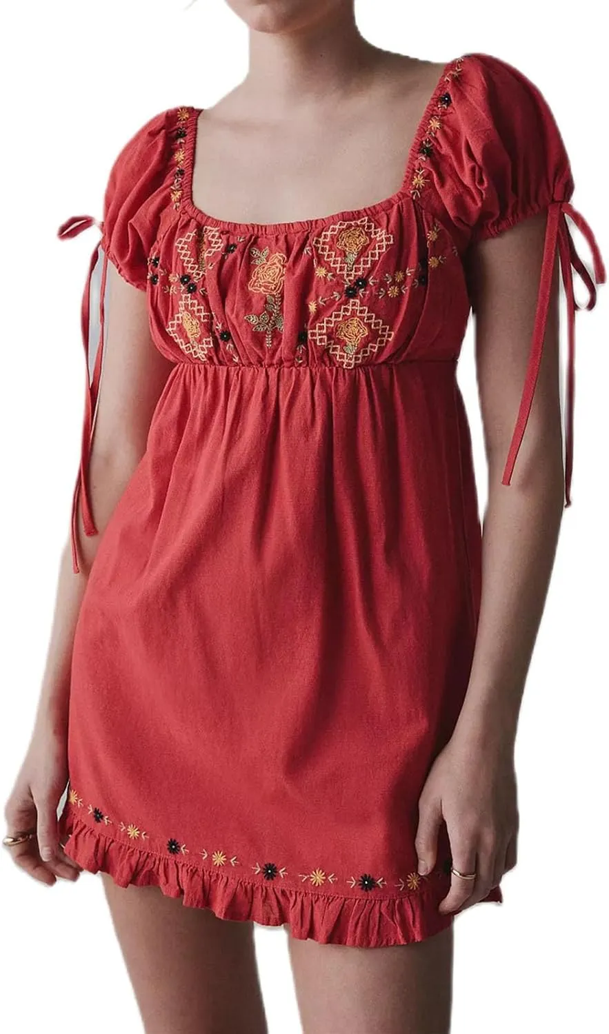Women Boho Mini Dress Aesthetic Floral Embroidery Puff Short Sleeve Square Neck Short Dress Beach Vacation Clothes